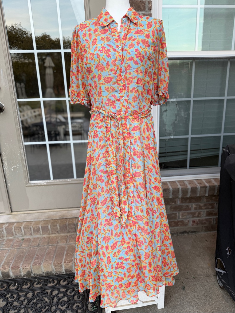 Derek Lam Coral & Mint Floral Button-Front Maxi Dress